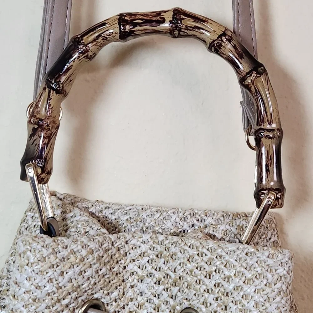 Cream Shoulder Bucket Bag Straw Rafia Leather Drawstring Hobo Beach Bamboo‎ Boho